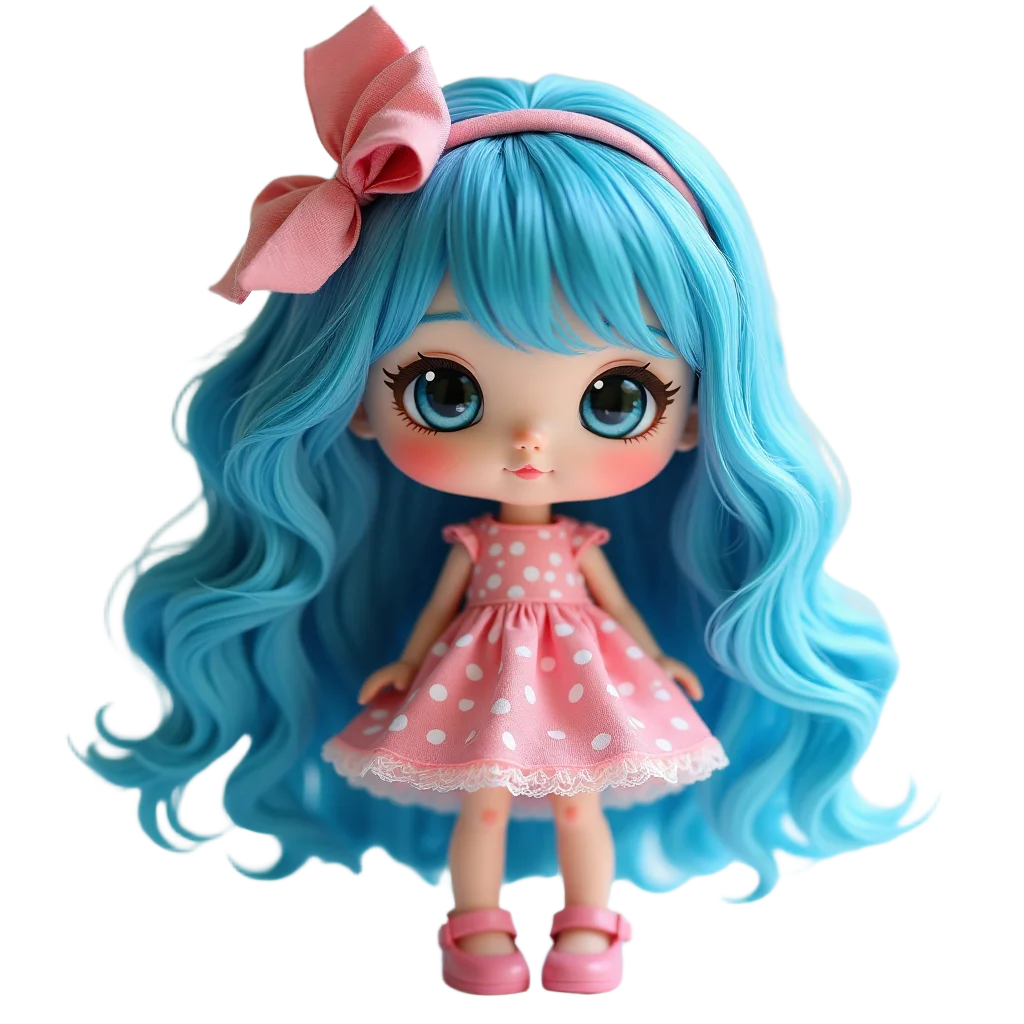 Cute Blue-Haired Doll in Pink Polka Dot Dress